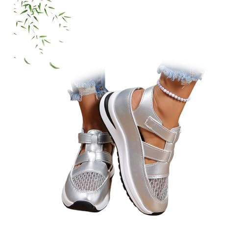 POIOZXD Northend Orthopädische Sandalen für Damen, atmungsaktiv, Plateau-Keilsandalen, Sneaker, geschlossene Zehenpartie, hohles Netzgewebe, orthopädische Sandalen für Damen, breite Breite, silber von POIOZXD