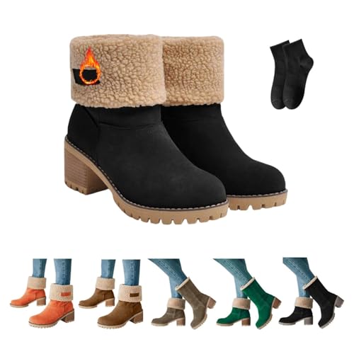 POIOZXD Pubyfun Senior Bequeme Winterstiefeletten Damen, Frauen Fleece Gefüttert Chunky Heel Schneestiefel Runde Zehe Breite Wade Winterstiefel für Frauen Pelz Gefüttert Warm Slip, Schwarz , 42.5 EU von POIOZXD