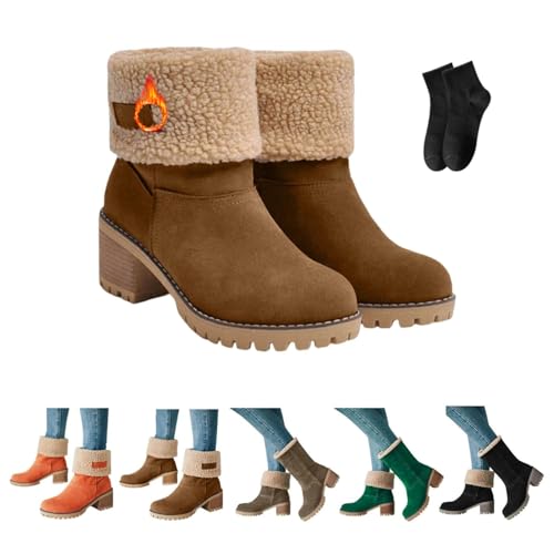 POIOZXD Pubyfun Senior Bequeme Winterstiefeletten Damen, Frauen Fleece Gefüttert Chunky Heel Schneestiefel Runde Zehe Breite Wade Winterstiefel für Frauen Pelz Gefüttert Warm Slip, braun, 42.5 EU von POIOZXD