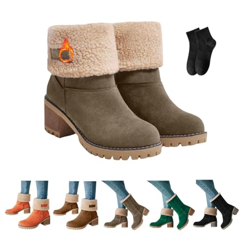 POIOZXD Pubyfun Senior Bequeme Winterstiefeletten Damen, Frauen Fleece Gefüttert Chunky Heel Schneestiefel Runde Zehe Breite Wade Winterstiefel für Frauen Pelz Gefüttert Warm Slip, grau, 42.5 EU von POIOZXD