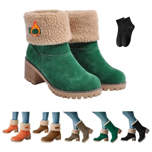 POIOZXD Pubyfun Senior Bequeme Winterstiefeletten Damen, Frauen Fleece Gefüttert Chunky Heel Schneestiefel Runde Zehe Breite Wade Winterstiefel für Frauen Pelz Gefüttert Warm Slip, grün, 42.5 EU von POIOZXD
