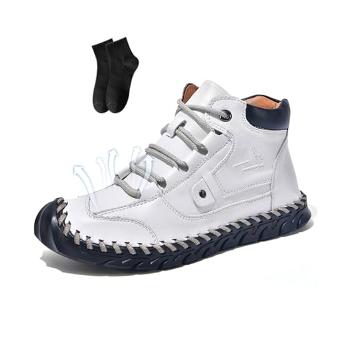 POIOZXD Sawbehind Lederstiefel für Herren, bequeme handgefertigte Lederstiefel, breite Schnürung, wasserdicht, Fußgewölbeunterstützung, weiß, 43 EU von POIOZXD