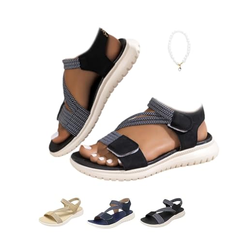POIOZXD Sommer-Sandalen für Damen, Fischer-Sandalen, verstellbarer Knöchelriemen, offener Zehenbereich, Plateau, Keilabsatz, Sandalen, bequem, leicht, bequem, flach, Schwarz , 42.5 EU von POIOZXD