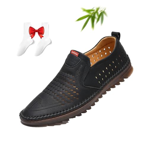Trendige hohle atmungsaktive weiche Sohle rutschfeste Herren Lederschuhe Sommer Casual Weiche Sohle Fahren Schuhe Handgemachte Walking Loafer, Schwarz , 43.5 EU von POIOZXD