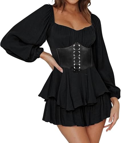 Damen Piratenkostüm Korsett Patchwork Kleid Renaissance Viktorianische Off Shoulder Kleid Kurz Jumpsuit Piratinkleid Weiß A-Linie-Kleid Trägerloses, Knielange Strandkleid Party Karneval Kostüm Piratin von POIUIYQA