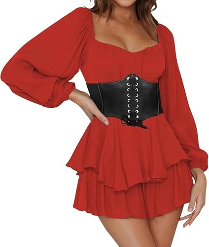 Damen Piratenkostüm Korsett Patchwork Kleid Renaissance Viktorianische Off Shoulder Kleid Kurz Jumpsuit Piratinkleid Weiß A-Linie-Kleid Trägerloses, Knielange Strandkleid Party Karneval Kostüm Piratin von POIUIYQA
