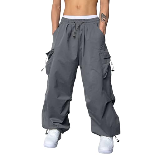 Herren Cargohose Lang Fallschirmhose Loose Fit Strahlfüße Cargo Hose Herren Lang Tunnelzug Fallschirm Lässig Y2K Hosen Verstellbare Taille von POIUIYQA