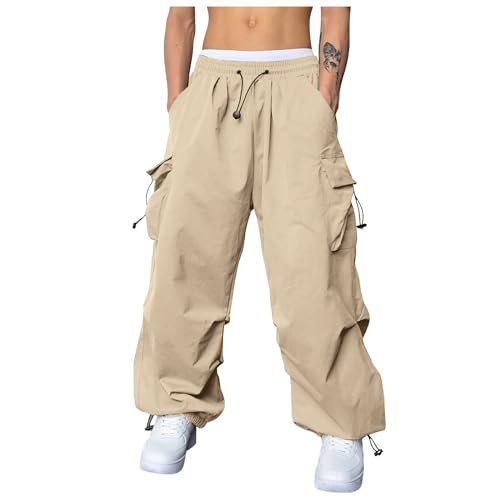 Herren Cargohose Lang Fallschirmhose Loose Fit Strahlfüße Cargo Hose Herren Lang Tunnelzug Fallschirm Lässig Y2K Hosen Verstellbare Taille von POIUIYQA