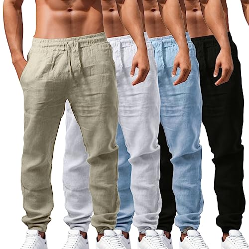 Herren Leinenhose Einfarbiges Lang Leicht Sommerhose Loose Fit Freizeithose mit Kordelzug für Urlaub Strand Alltag von POIUIYQA