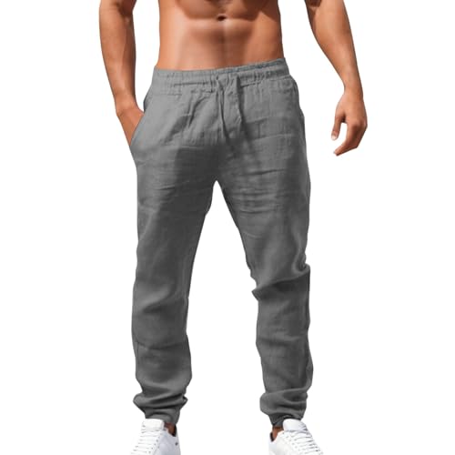 Herren Leinenhose Einfarbiges Lang Leicht Sommerhose Loose Fit Freizeithose mit Kordelzug für Urlaub Strand Alltag von POIUIYQA