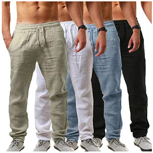 Herren Leinenhose Lang Leicht Sommerhose Loose Fit Freizeithose für Urlaub Strand Alltag von POIUIYQA