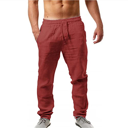 Herren Leinenhose Lang Leicht Sommerhose Loose Fit Freizeithose für Urlaub Strand Alltag von POIUIYQA