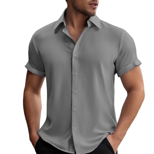 Leinenhemd Herren Kurzarm Herren Hemd Sommer Freizeithemden Herren Casual Beach Shirts Regular Fit Männer Leinenhemd Button Down Basic Men Shirts Strand Oberteile von POIUIYQA