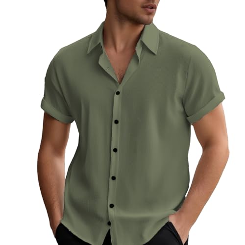 Leinenhemd Herren Kurzarm Herren Hemd Sommer Freizeithemden Herren Casual Beach Shirts Regular Fit Männer Leinenhemd Button Down Basic Men Shirts Strand Oberteile von POIUIYQA