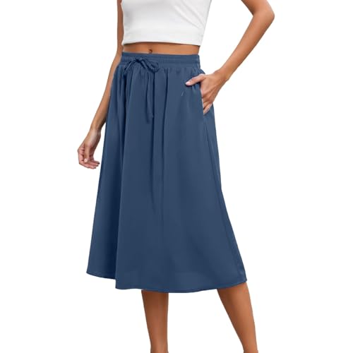 Midi-Röcke für Damen, Sommer plissiert hohe Taille lässig unterhalb des Knies Maxirock Sommer Röcke Fließende Midiröcke mit Taschen von POIUIYQA