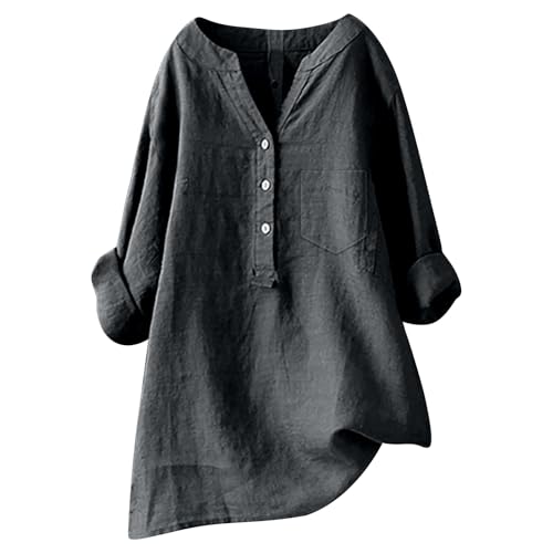 POIUIYQA Bluse Damen Elegant Leinenbluse Langarm Blusen Baumwolle Leinen Tuniken Sommer Oversized Longbluse Button-Down Longshirt Musselin Tops Locker Blusenshirt Leicht Atmungsaktiv Oberteile von POIUIYQA