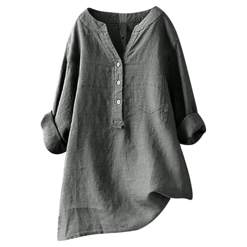 POIUIYQA Bluse Damen Elegant Leinenbluse Langarm Blusen Baumwolle Leinen Tuniken Sommer Oversized Longbluse Button-Down Longshirt Musselin Tops Locker Blusenshirt Leicht Atmungsaktiv Oberteile von POIUIYQA
