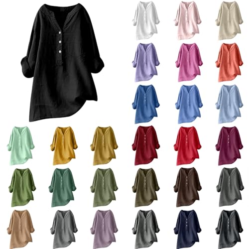POIUIYQA Bluse Damen Elegant Leinenbluse Langarm Blusen Baumwolle Leinen Tuniken Sommer Oversized Longbluse Button-Down Longshirt Musselin Tops Locker Blusenshirt Leicht Atmungsaktiv Oberteile von POIUIYQA