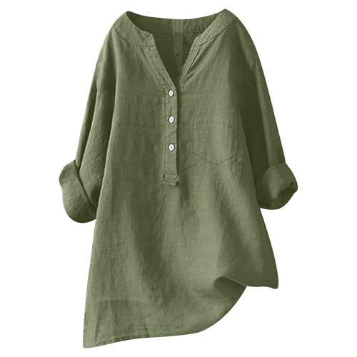 POIUIYQA Bluse Damen Elegant Leinenbluse Langarm Blusen Baumwolle Leinen Tuniken Sommer Oversized Longbluse Button-Down Longshirt Musselin Tops Locker Blusenshirt Leicht Atmungsaktiv Oberteile von POIUIYQA