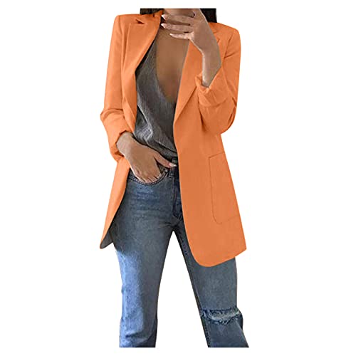 POIUIYQA Damen Elegant Langarm Blazer Sakko Einfarbig Slim Fit Revers Geschäft Büro Jacke Kurz Mantel Anzüge Bolero mit Tasche von POIUIYQA