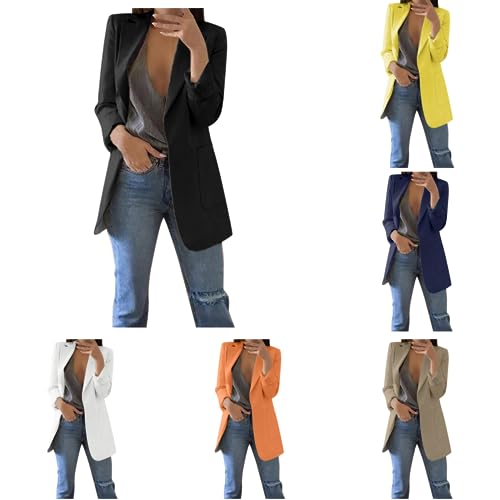 POIUIYQA Damen Elegant Langarm Blazer Sakko Einfarbig Slim Fit Revers Geschäft Büro Jacke Kurz Mantel Anzüge Bolero mit Tasche von POIUIYQA