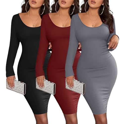 POIUIYQA Damen Langarm Figurbetontes Kleid Mit Rundhals Hals Sexy Bodycon Kleid Eng Lang Elegant Einfarbig Freizeitkleid Abendkleid Partykleid Clubkleid Cocktail Hüftkleid von POIUIYQA