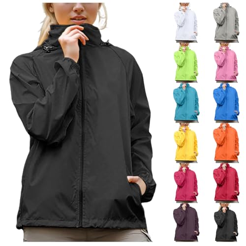 POIUIYQA Damen Wasserdichte Faltbar Regenjacke mit Kapuze, Leicht Atmungsaktive Windbreaker Jacke, Fahrradjacke für Frauen Fahrrad Sport Outdoorjacke von POIUIYQA
