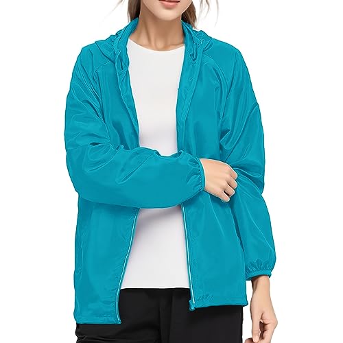 POIUIYQA Damen Wasserdichte Faltbar Regenjacke mit Kapuze, Leicht Atmungsaktive Windbreaker Jacke, Fahrradjacke für Frauen Fahrrad Sport Outdoorjacke von POIUIYQA