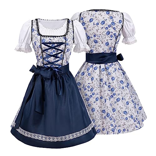 POIUIYQA Dirndl Damen Midi Trachtenkleid Schlicht Outfit Trachtenmode Vintage Set Elegant Kostüm Inkl Dirndlschürze Trachtenkleid Dirndl-Komplettsets Trachten Kleid für Oktoberfest von POIUIYQA