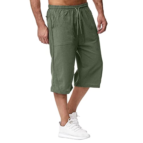 POIUIYQA Herren 3/4 Sporthose Leicht Kurze Hosen Sommer Bermuda Shorts Baumwolle Leinen Laufhose mit Taschen Strandhose Einfarbig Stoffhose Elastische Taille Sommerhose Männer Streetwear von POIUIYQA