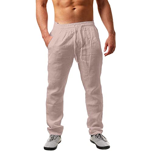 Herren Leinenhose Lang Leicht Sommerhose Loose Fit Freizeithose für Urlaub Strand Alltag von POIUIYQA