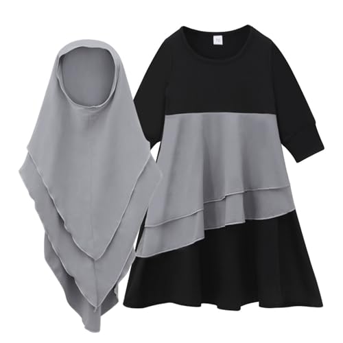 POIUIYQA Mädchen Gebetskleidung Kinder Langes Maxikleid Muslim Kleider Einfarbig Mädchen Zweiteilige Kleider von POIUIYQA