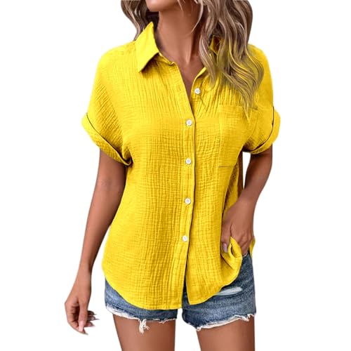 POIUIYQA Musselin Bluse Damen Musselin Hemd Bluse für Damen Elegant Leinenbluse Tuniken Sommer Oberteile Kurzarm Longbluse Oversized Hemdbluse Freizeit Tshirt Teenager Mädchen Frauen von POIUIYQA