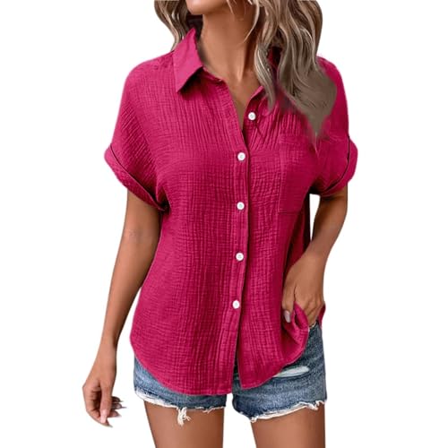 POIUIYQA Musselin Bluse Damen Musselin Hemd Bluse für Damen Elegant Leinenbluse Tuniken Sommer Oberteile Kurzarm Longbluse Oversized Hemdbluse Freizeit Tshirt Teenager Mädchen Frauen von POIUIYQA