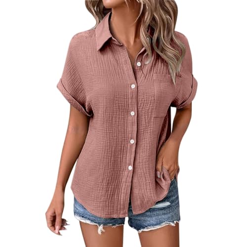 POIUIYQA Musselin Bluse Damen Musselin Hemd Bluse für Damen Elegant Leinenbluse Tuniken Sommer Oberteile Kurzarm Longbluse Oversized Hemdbluse Freizeit Tshirt Teenager Mädchen Frauen von POIUIYQA