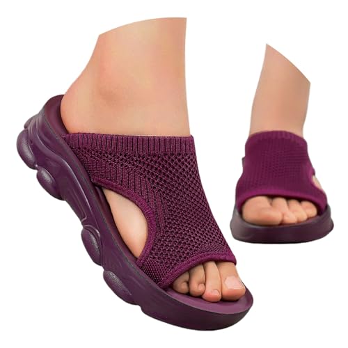 POIUIYQA Orthopädische Sandalen Damen Sommer Waschbare Slingback Orthopädische Slide Sport Sandalen mit Weiche Fussbett Bequem Sommerschuhe Casual Strick Sandalen Plateau Sandalen von POIUIYQA