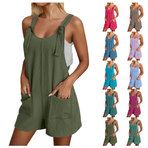 POIUIYQA Overall Damen Sommer Kurz Jumpsuit Baumwolle Leinen Latzhosen Lässiger Ärmellos Trägerhose Elegant Leicht Einteiler Shorts Einfarbig Mode Arbeitshose mit Taschen Playsuit Sport Romper von POIUIYQA