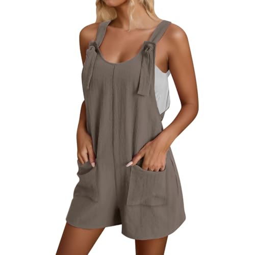 POIUIYQA Overall Damen Sommer Kurz Jumpsuit Baumwolle Leinen Latzhosen Lässiger Ärmellos Trägerhose Elegant Leicht Einteiler Shorts Einfarbig Mode Arbeitshose mit Taschen Playsuit Sport Romper von POIUIYQA