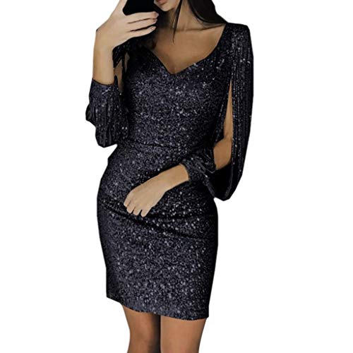 POIUIYQA Pailletten Kleider Knielang Damen Glitzerkleid Langarm V-Ausschnitt Glänzende Kleider Sexy Partykleid Cocktailkleid Bodycon Enges Party Minikleid Wickelkleid Festkleid von POIUIYQA