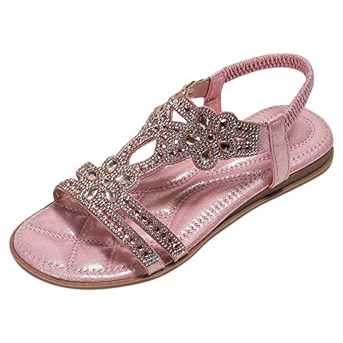POIUIYQA Sandalen Damen Sommer Elegant Flache Strass Böhmischer T-Riemen Frauen Sandalen Weichen Sohlen Sommerschuhe Glitzer Flip Flops Gummiband Slingback Sandalen Mädchen Strandschuhe von POIUIYQA