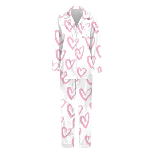 POIUIYQA Satin Damen Schlafanzug mit Knopfleiste Valentinstag Langarm Nachtwäsche Pyjamas Set Zweiteiliger Nachtwäsche Hausanzug PJs Bedruckter Langer Damenpyjama von POIUIYQA