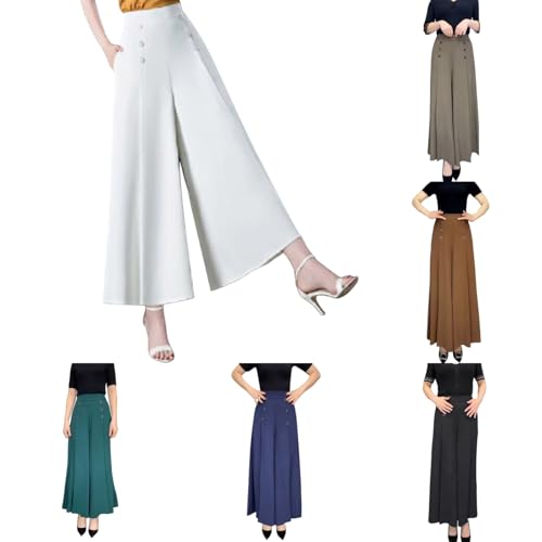 POIUIYQA Sommerhose Damen Leicht Palazzo Hose Elegant Sommer High Waist Baggy Freizeithose Baumwolle Hosen mit Taschen Elastisch Einfarbig Stoffhose S-XXL von POIUIYQA