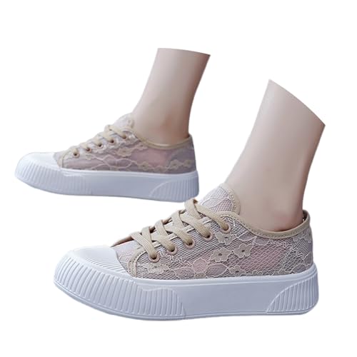 POIUIYQA Trachtenschuhe Damen Flach - Spitzen Dirndl Trachten Sneaker Mesh Atmungsaktive Sommerschuhe Weiß Hochzeitsschuhe Braut Stoffschuhe Sport Tennisschuhe Turnschuhe von POIUIYQA