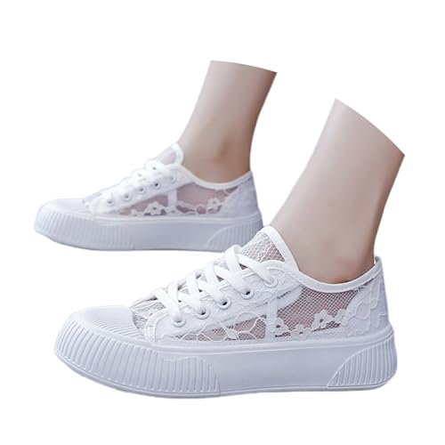 POIUIYQA Trachtenschuhe Damen Flach - Spitzen Dirndl Trachten Sneaker Mesh Atmungsaktive Sommerschuhe Weiß Hochzeitsschuhe Braut Stoffschuhe Sport Tennisschuhe Turnschuhe von POIUIYQA