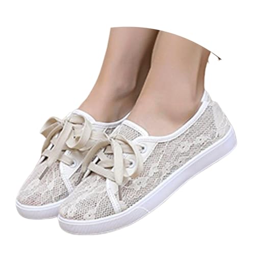POIUIYQA Trachtenschuhe Damen Flach - Spitzen Dirndl Trachten Sneaker Mesh Atmungsaktive Sommerschuhe Weiß Hochzeitsschuhe Braut Stoffschuhe Sport Tennisschuhe Turnschuhe von POIUIYQA