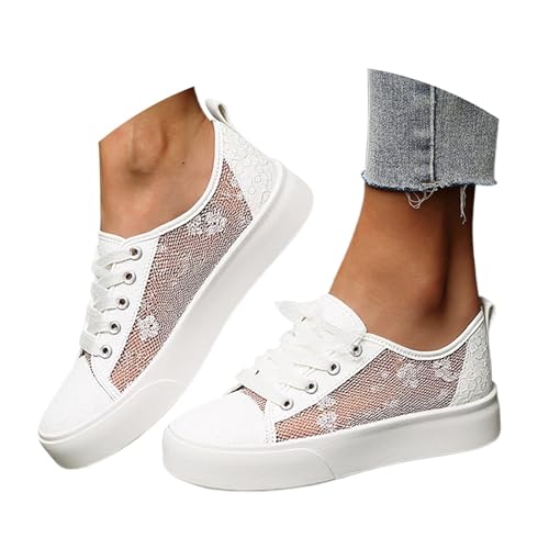 POIUIYQA Trachtenschuhe Damen Flach - Spitzen Dirndl Trachten Sneaker Mesh Atmungsaktive Sommerschuhe Weiß Hochzeitsschuhe Braut Stoffschuhe Sport Tennisschuhe Turnschuhe von POIUIYQA