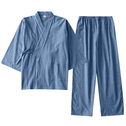 POIUIYQA Unisex Yukata Pyjama Kimono Nachthemd Morgenmantel V-Ausschnitt Langarm Schlafmantel Paar Bademantel Jinbei Shirt Hose Kimono Kleidung Bequem Nachtwäsche Sleepwear mit Tasche von POIUIYQA