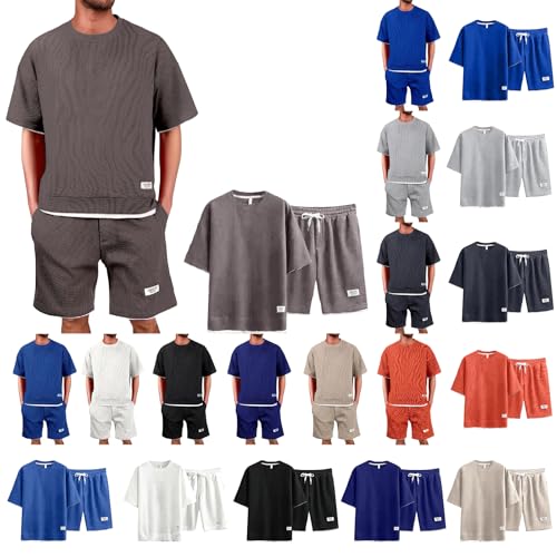 POIUIYQA Waffle Jogginganzug Herren Trainingsanzug - 2 Teiler Herren Sommer Outfit Zweiteiler Fitness Kleidung Kurz Freizeitanzug Hemd Und Shorts Set Sportanzug Sportanzug Sommeranzug Y2K Tracksuit von POIUIYQA