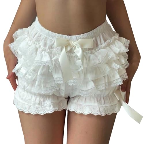 Shorts Damen Ruffle Shorts mit Rüschen Spitze Rüschenhose Volant Hohe Taille Unterhose Spitze Ausgehen Kürbishose Hosen Süße Cake Röcke Rüschenhose ein weiches von POIUIYQA