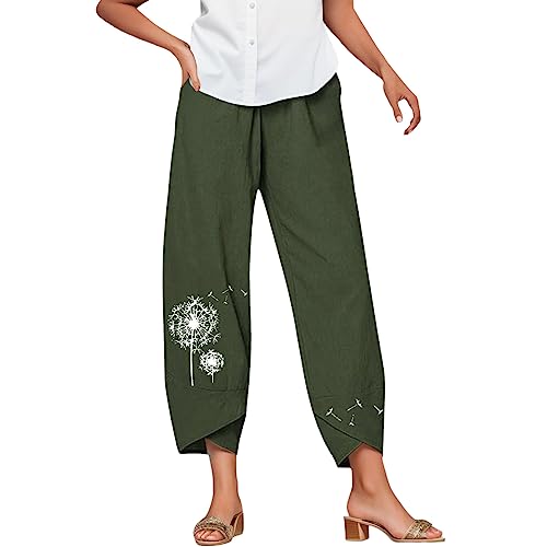 Sommerhosen Damen 7/8 Leinenhose Weite Beine Hose Loose Fit Elastischem Bund Sommer Mit Leichte Haremshose Einfarbig mit Taschen Schmetterling Pusteblume Drucken von POIUIYQA